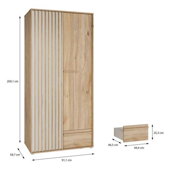 Garderobeskap ARKAN 93x200 cm - eik mauvella - beige sand - 2 dører - 1 skuff