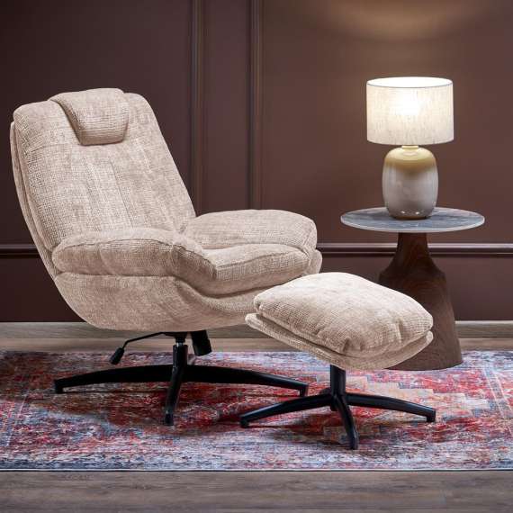 Lenestol DECLAN med fotskammel - stoff - beige