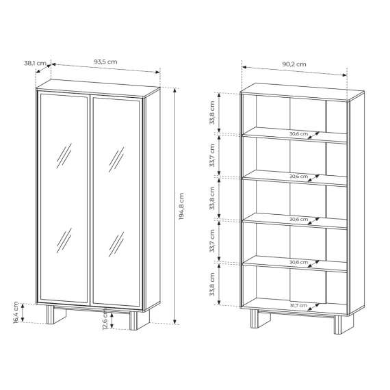 Vitrineskap Nabu 94x195 cm - eik - 2 dører - med lys