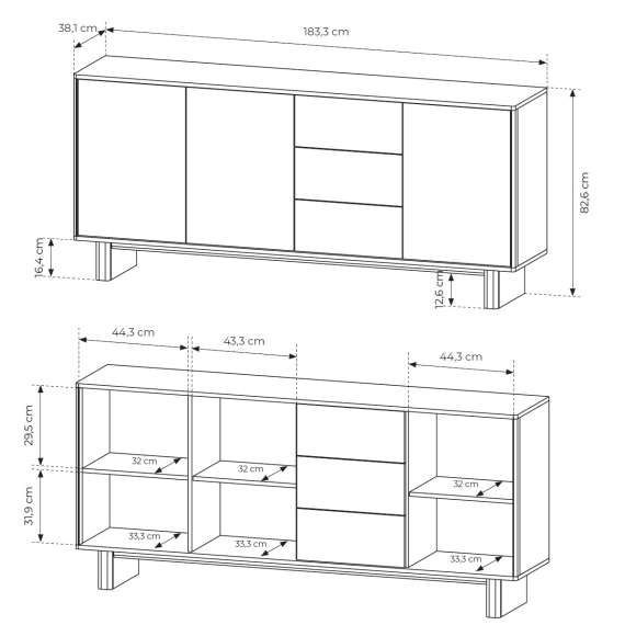 Skjenk Nabu 184x83 cm - eik - 3 dører - 3 skuffer - japandi