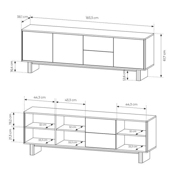 Tv-benk Nabu 184x62 cm - eik - 3 dører - 3 skuffer - japandi