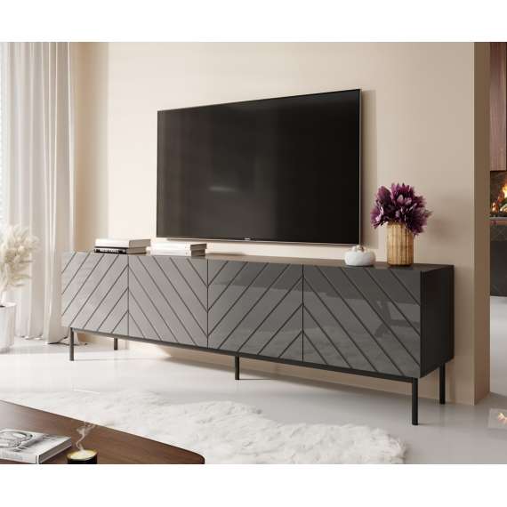 Tv-benk ABETO 200x60 cm - grafitt matt - grafitt høyglans fronter - metall bein