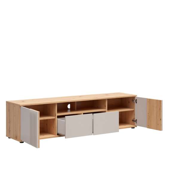 Tv-benk BREVAS 180x46 cm - 2 dører - 2 skuffer - cashmere - eik artisan