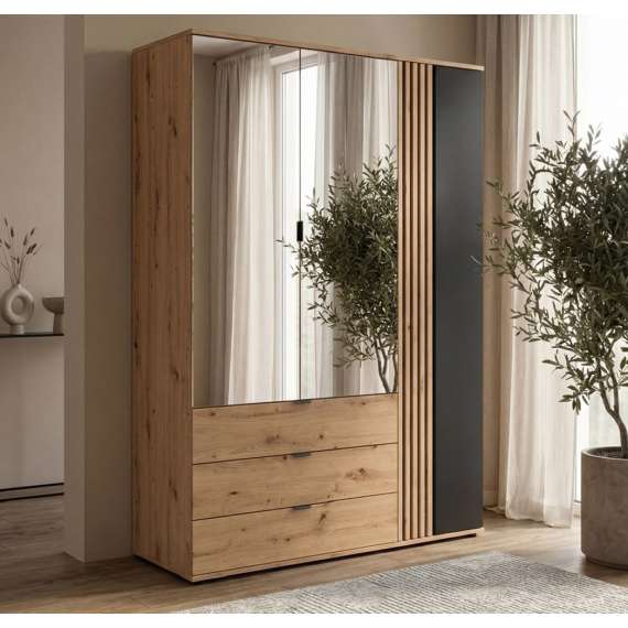 Garderobeskap Varbes  150x195 cm - 3 dører - 3 skuffer - eik artisan - svart matt- spiler