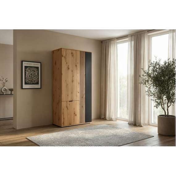Garderobeskap Varbes  90x195 cm - 3 dører - eik artisan - svart matt- spiler