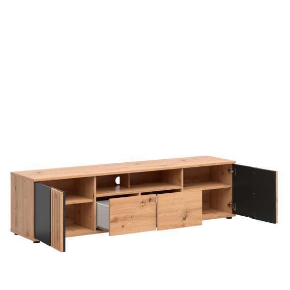 Tv-benk Varbes  180x46 cm - 2 skuffer - 2 dører - eik artisan - svart matt- spiler