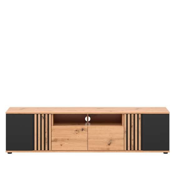 Tv-benk Varbes  180x46 cm - 2 skuffer - 2 dører - eik artisan - svart matt- spiler