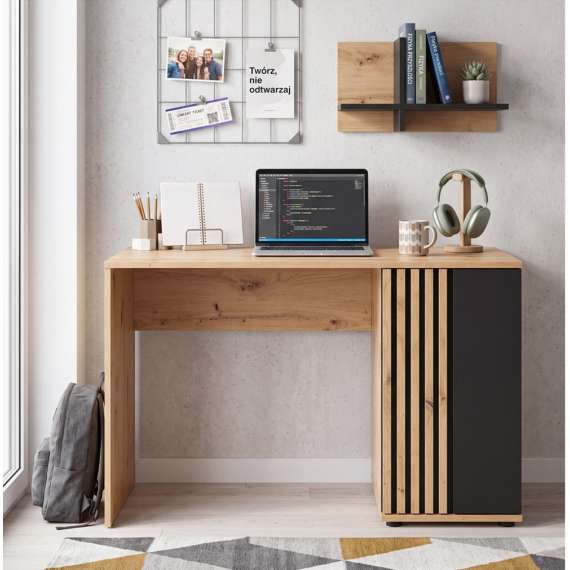 Skrivebord VARBES 120x60 cm - 1 dør - eikartisan - svart matt