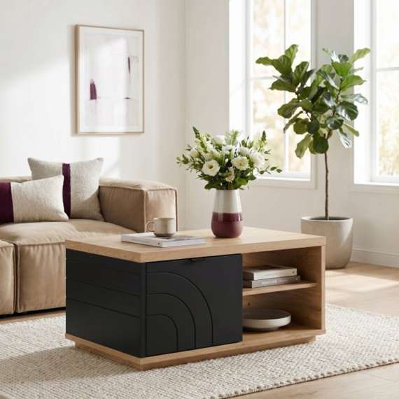 Sofabord AURIQUET 90x60 cm - eik vill - svart matt - 1 dør