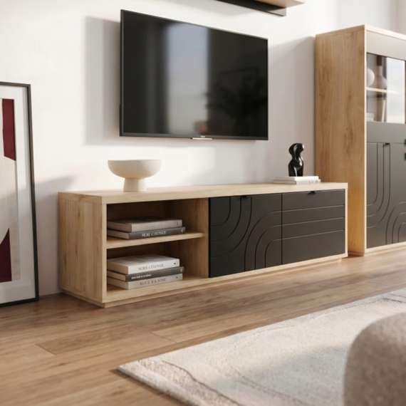 Tv-benk AURIQUET 185x52 cm - eik vill - svart matt - 2 dører