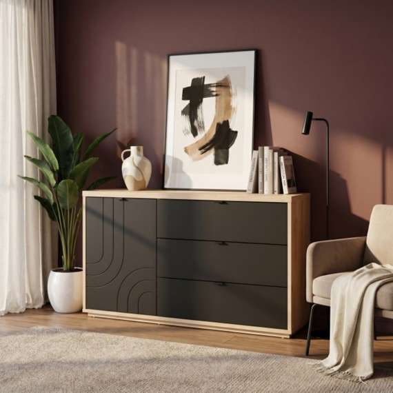 Skjenk AURIQUET 150x87 cm - eik vill - svart matt - 1 dør - 3 skuffer