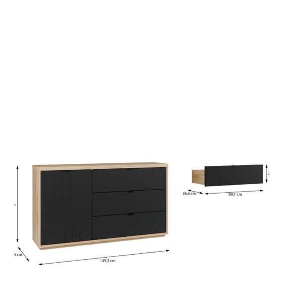 Skjenk AURIQUET 150x87 cm - eik vill - svart matt - 1 dør - 3 skuffer