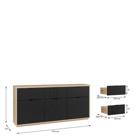 Skjenk AURIQUET 180x87 cm - eik vill - svart matt - 3 dører - 3 skuffer