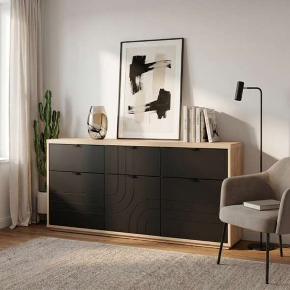 Skjenk AURIQUET 180x87 cm - eik vill - svart matt - 3 dører - 3 skuffer
