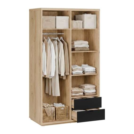 Garderobeskap AURIQUET 115x202 cm - eik vill - svart matt - 2 dører - 2 skuffer