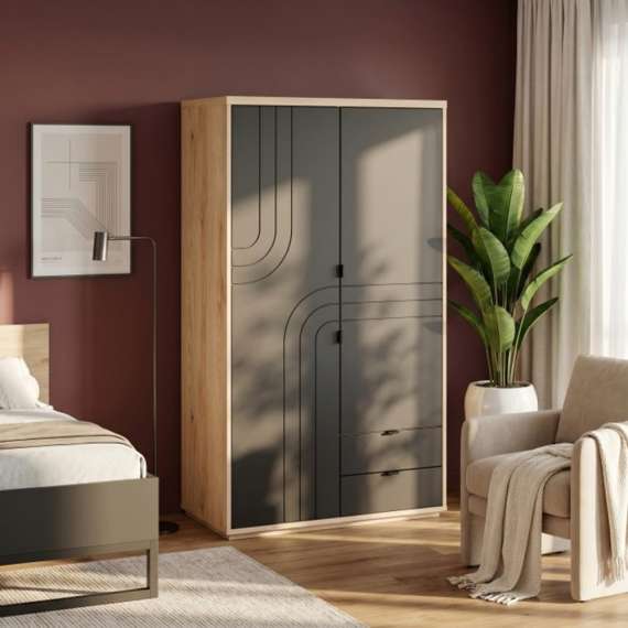 Garderobeskap AURIQUET 115x202 cm - eik vill - svart matt - 2 dører - 2 skuffer