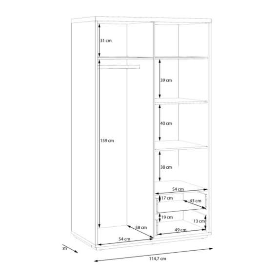 Garderobeskap AURIQUET 115x202 cm - eik vill - svart matt - 2 dører - 2 skuffer