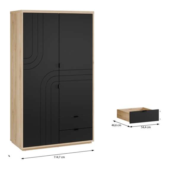 Garderobeskap AURIQUET 115x202 cm - eik vill - svart matt - 2 dører - 2 skuffer