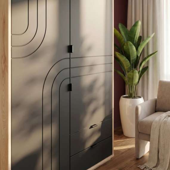 Garderobeskap AURIQUET 115x202 cm - eik vill - svart matt - 2 dører - 2 skuffer