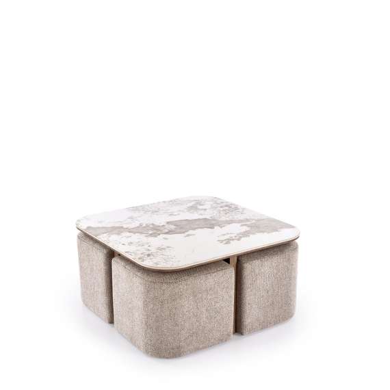 Sofabord Arakis 90x90 cm - med 4 puffer - valnøtt - marmor