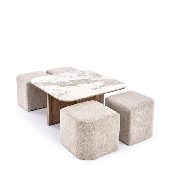 Sofabord Arakis 90x90 cm - med 4 puffer - valnøtt - marmor