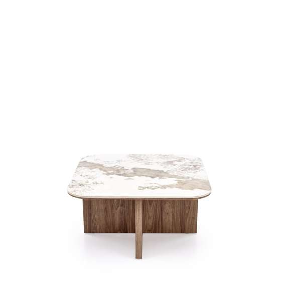Sofabord Arakis 90x90 cm - med 4 puffer - valnøtt - marmor