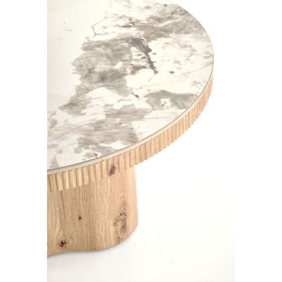 Sofabord MAGNUM Ø80 cm - hvit marmor imitasjon - eik understell