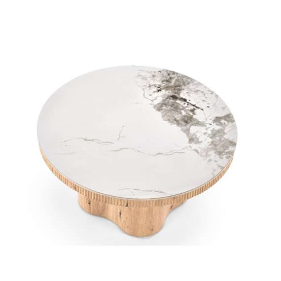 Sofabord MAGNUM Ø80 cm - hvit marmor imitasjon - eik understell