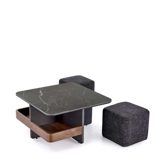 Sofabord Vicker 70x70 cm - med 2 puffer - valnøtt - sort marmor