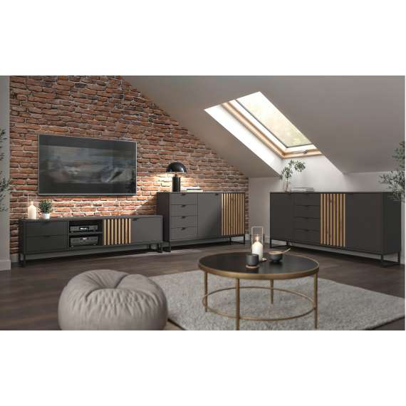 Skjenk PHIL 176x85 cm - antrasitt - eik artisan spiler - 3 dører - 4 skuffer