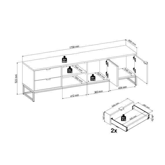 Tv-benk PHIL 176x52 cm - antrasitt - eik artisan spiler - 2 dører - 2 skuffer