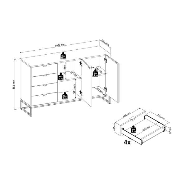 Skjenk PHIL 140x85 cm - antrasitt - eik artisan spiler - 2 dører - 4 skuffer