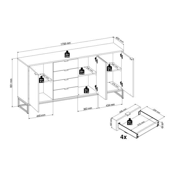 Skjenk PHIL 176x85 cm - antrasitt - eik artisan spiler - 3 dører - 4 skuffer