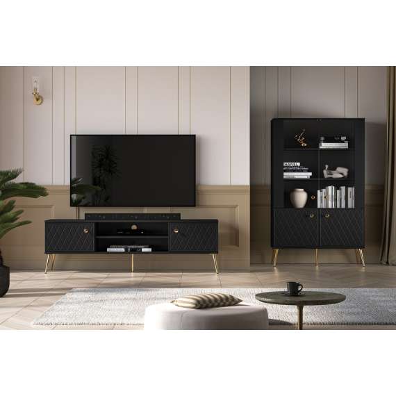 Tv-benk ELJOT - 160x49 cm - svart matt - 2 dører - metall bein