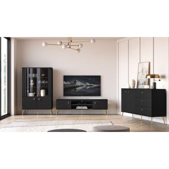 Tv-benk ELJOT - 160x49 cm - svart matt - 2 dører - metall bein