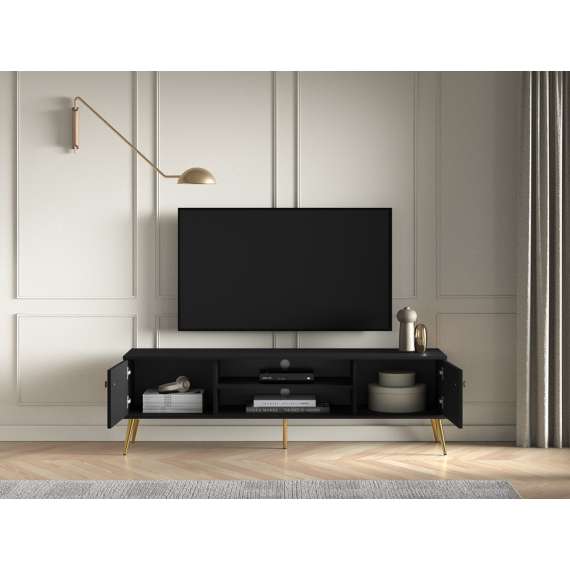 Tv-benk ELJOT - 160x49 cm - svart matt - 2 dører - metall bein