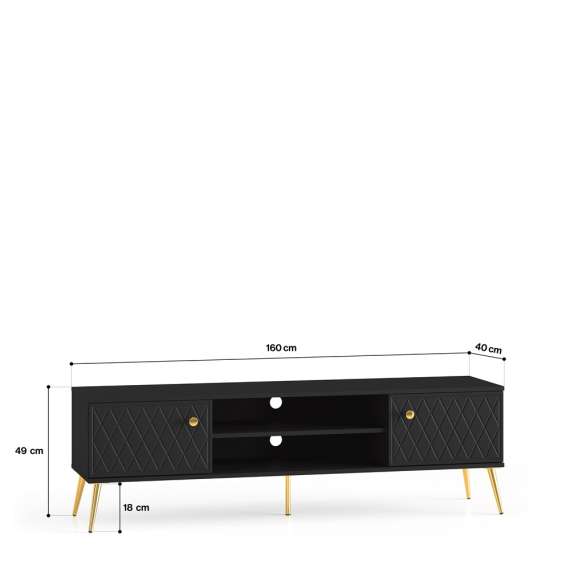 Tv-benk ELJOT - 160x49 cm - svart matt - 2 dører - metall bein