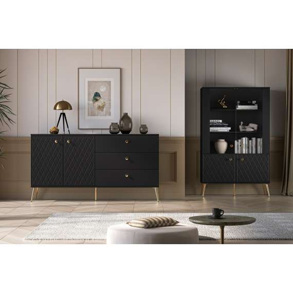 Skjenk ELJOT - 160x85 cm - svart matt - 2 dører - 3 skuffer - metall bein
