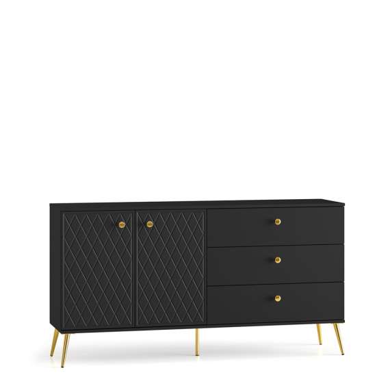 Skjenk ELJOT - 160x85 cm - svart matt - 2 dører - 3 skuffer - metall bein