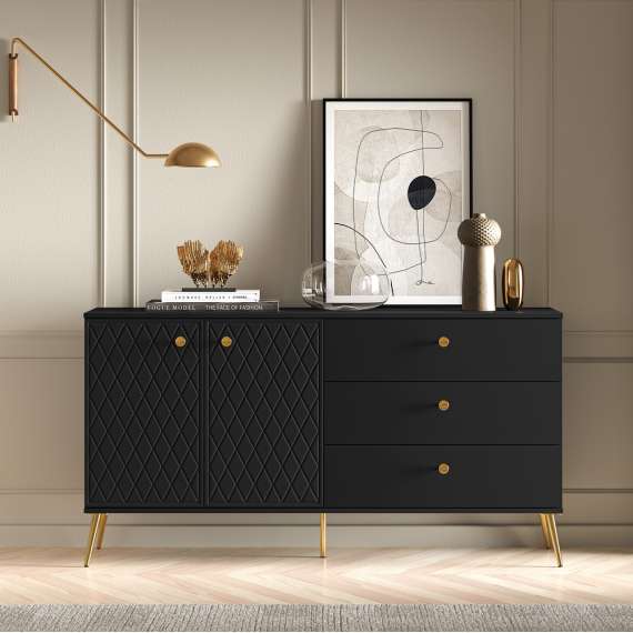Skjenk ELJOT - 160x85 cm - svart matt - 2 dører - 3 skuffer - metall bein