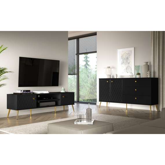 Skjenk ELJOT - 160x85 cm - svart matt - 2 dører - 3 skuffer - metall bein