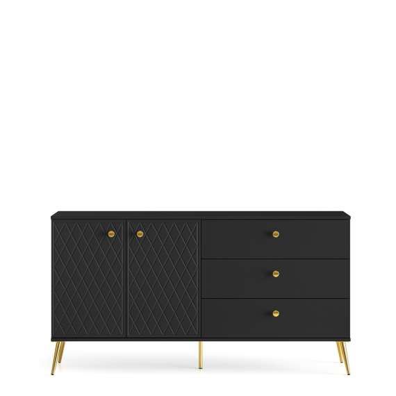 Skjenk ELJOT - 160x85 cm - svart matt - 2 dører - 3 skuffer - metall bein