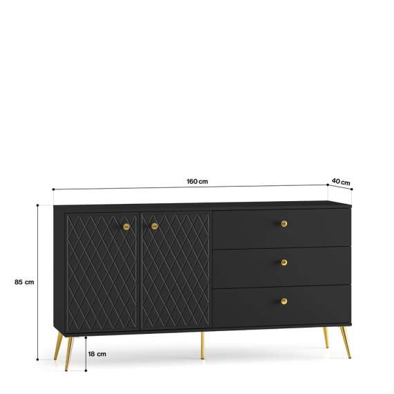 Skjenk ELJOT - 160x85 cm - svart matt - 2 dører - 3 skuffer - metall bein