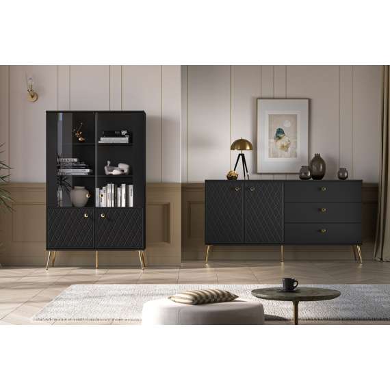 Vitrineskap ELJOT - 92x149 cm - svart matt - 2 dører - metall bein