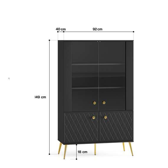 Vitrineskap ELJOT - 92x149 cm - svart matt - 2 dører - metall bein