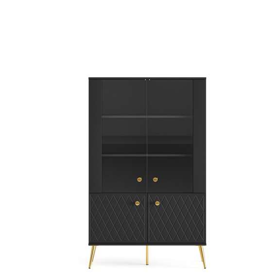 Vitrineskap ELJOT - 92x149 cm - svart matt - 2 dører - metall bein