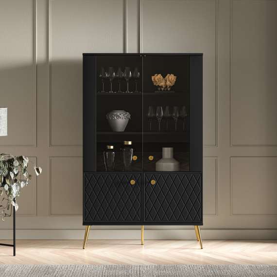 Vitrineskap ELJOT - 92x149 cm - svart matt - 2 dører - metall bein