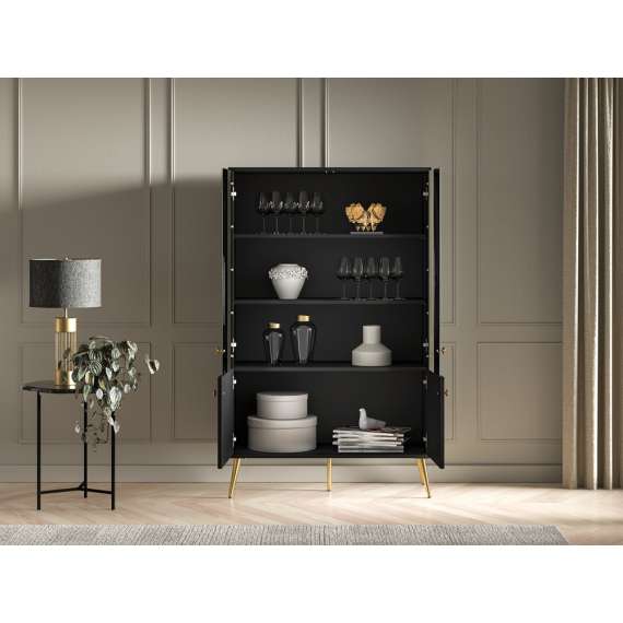 Vitrineskap ELJOT - 92x149 cm - svart matt - 2 dører - metall bein