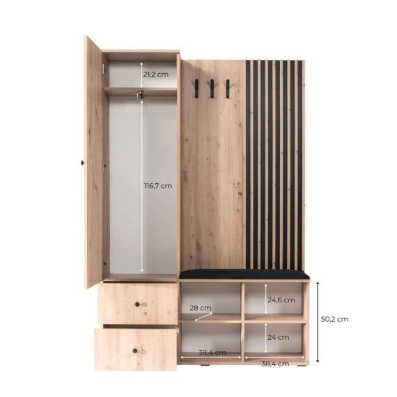 Garderobe til entré Cali 129x195 cm - eik og sort - speil