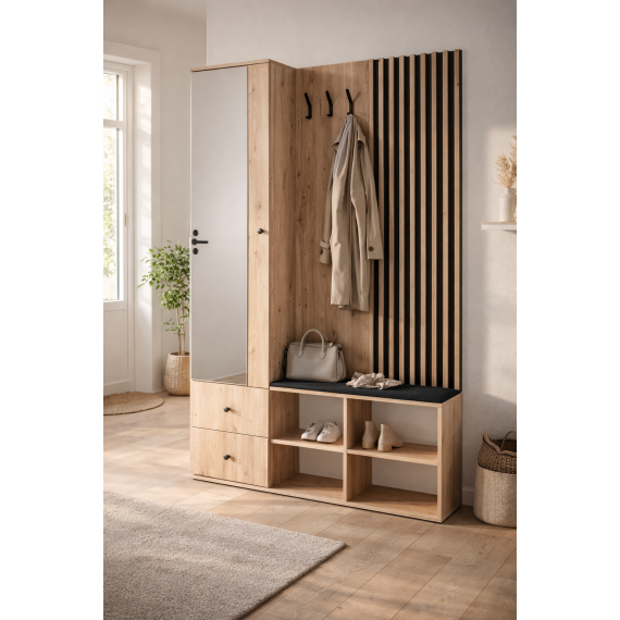 Garderobe til entré Cali 129x195 cm - eik og sort - speil
